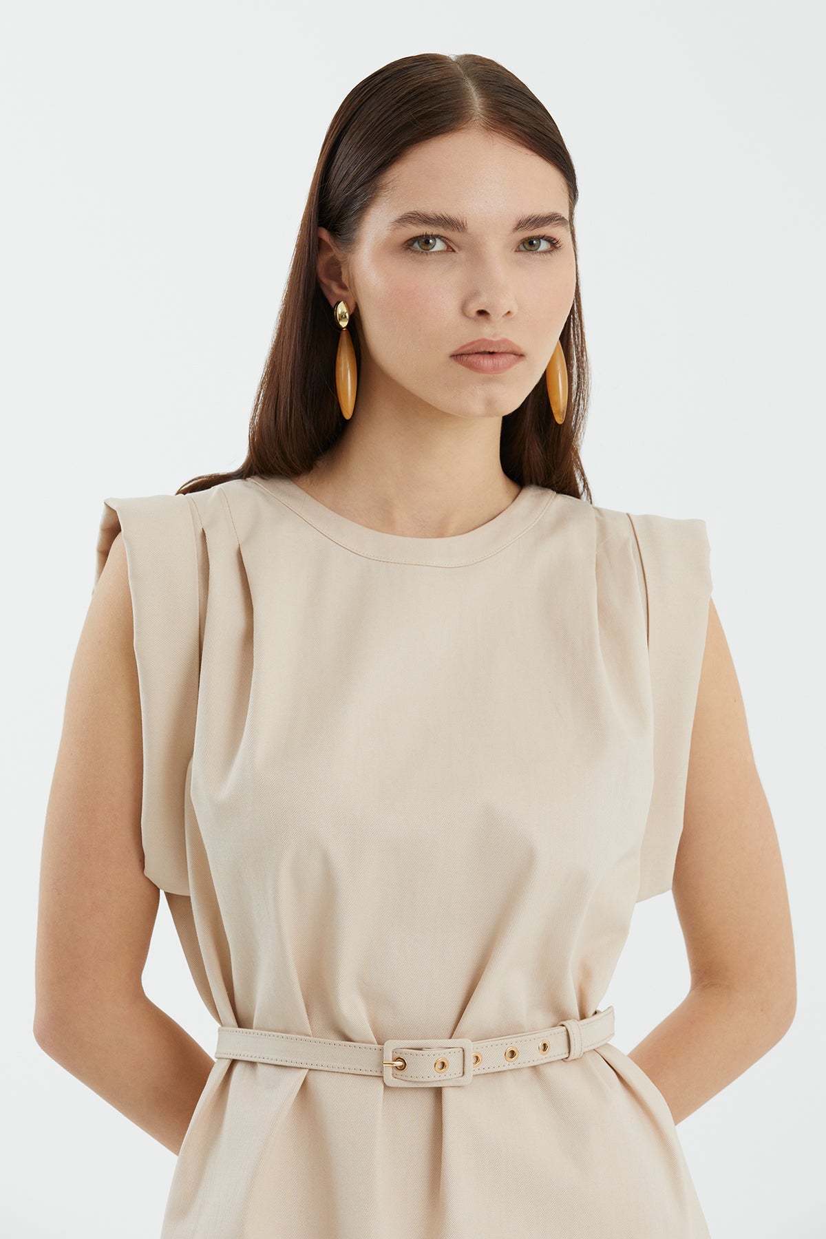 Beige Sleeveless Straight-Cut Dress