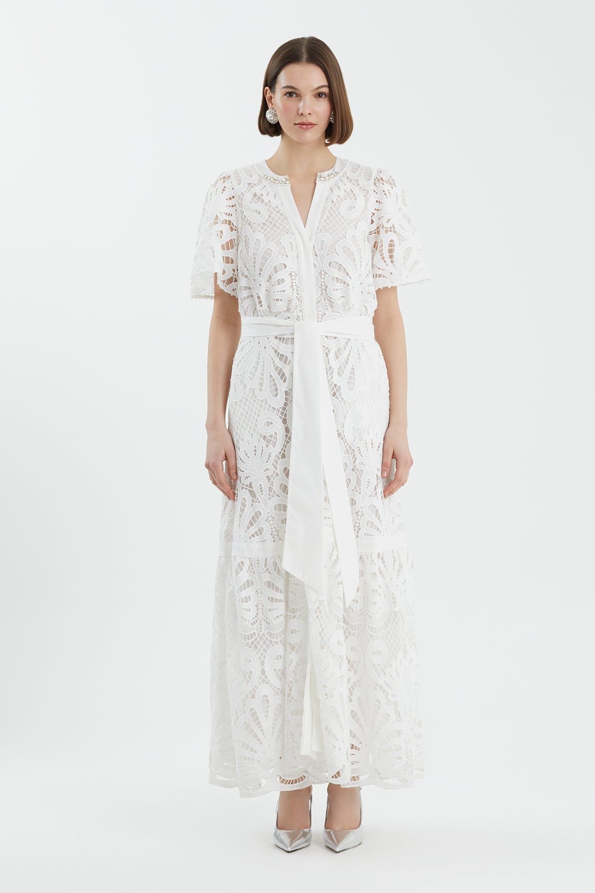 Ecru Embroidered Belted Dress