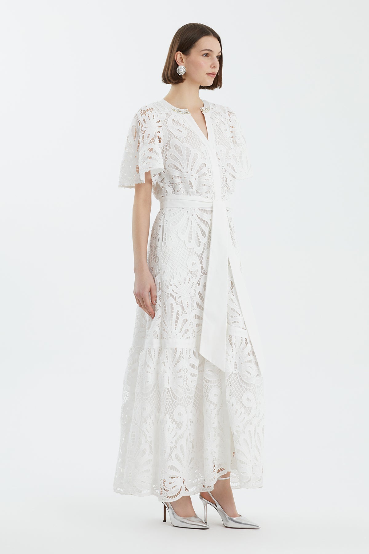 Ecru Embroidered Belted Dress