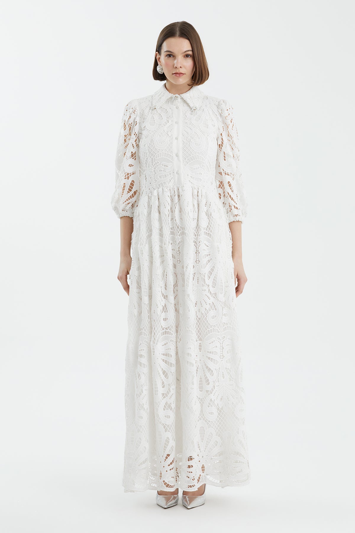 Ecru Puff Sleeve Embroidered Dress