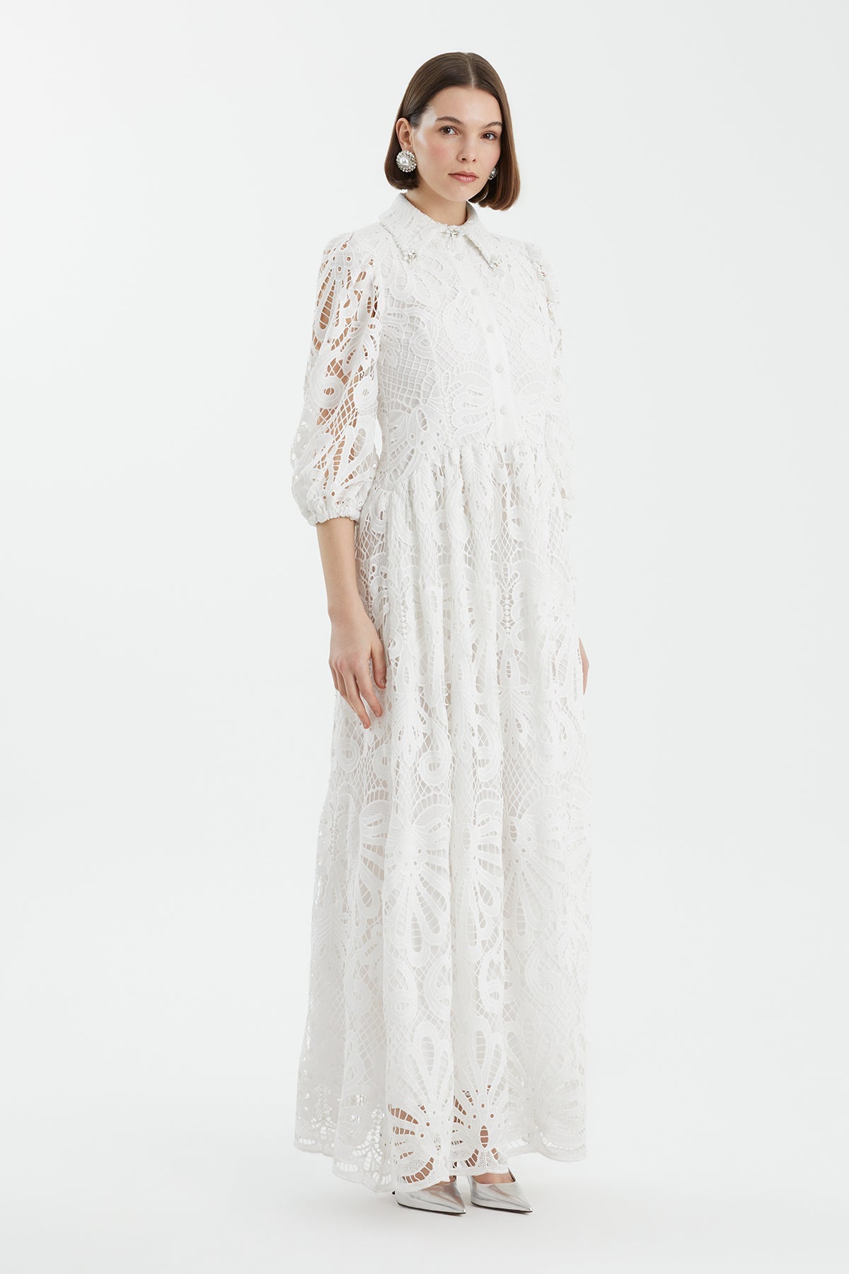 Ecru Puff Sleeve Embroidered Dress