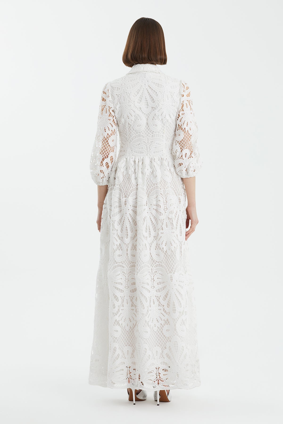 Ecru Puff Sleeve Embroidered Dress