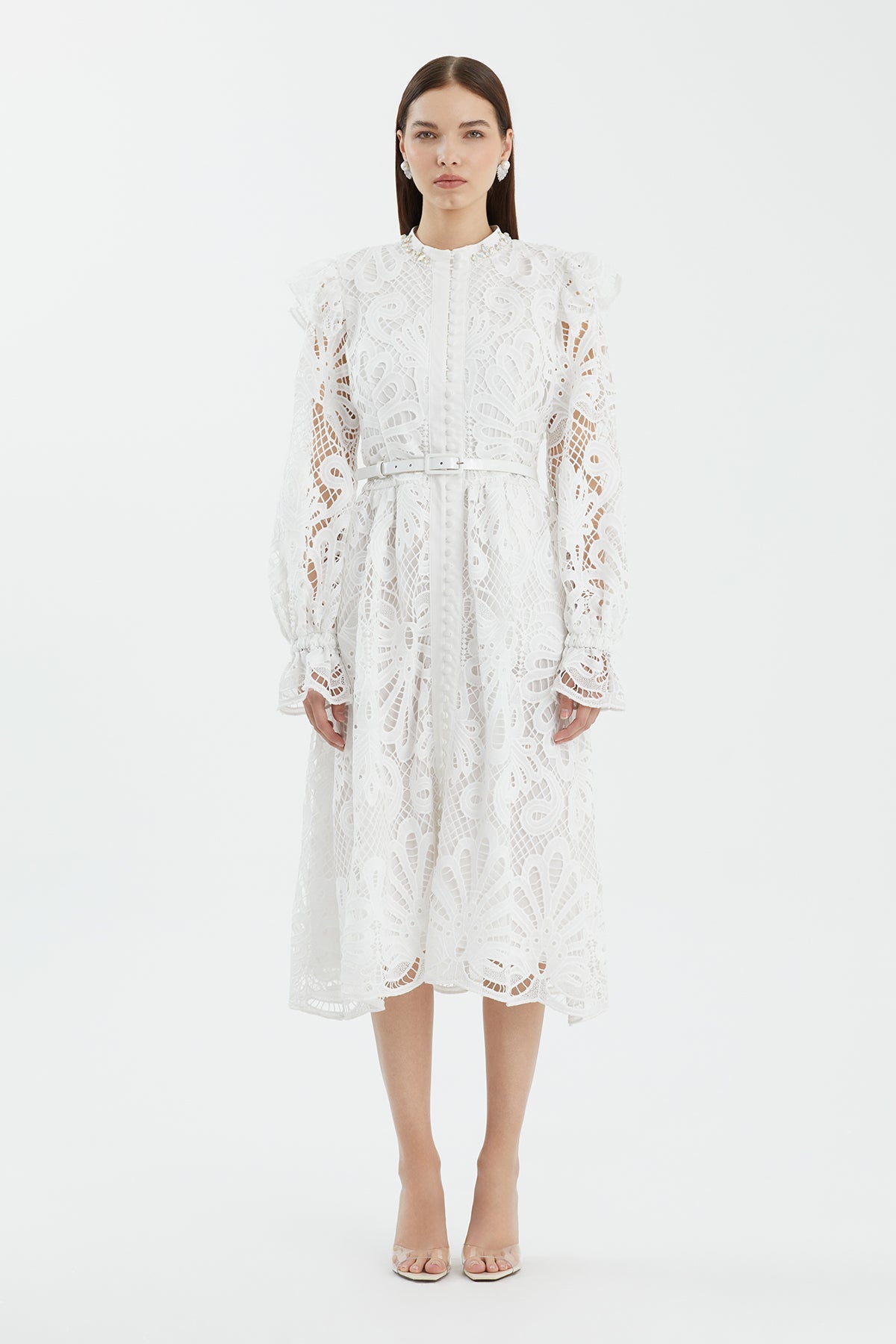 Ecru Leather-Belt Gathered Sleeve Midi Dress