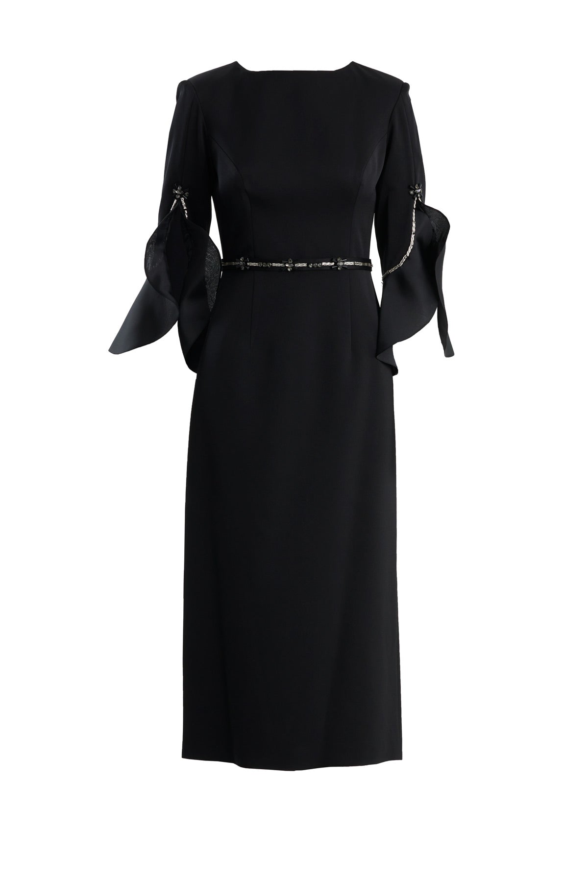 Black Shoulder-Pad Embroidered Slit Dress