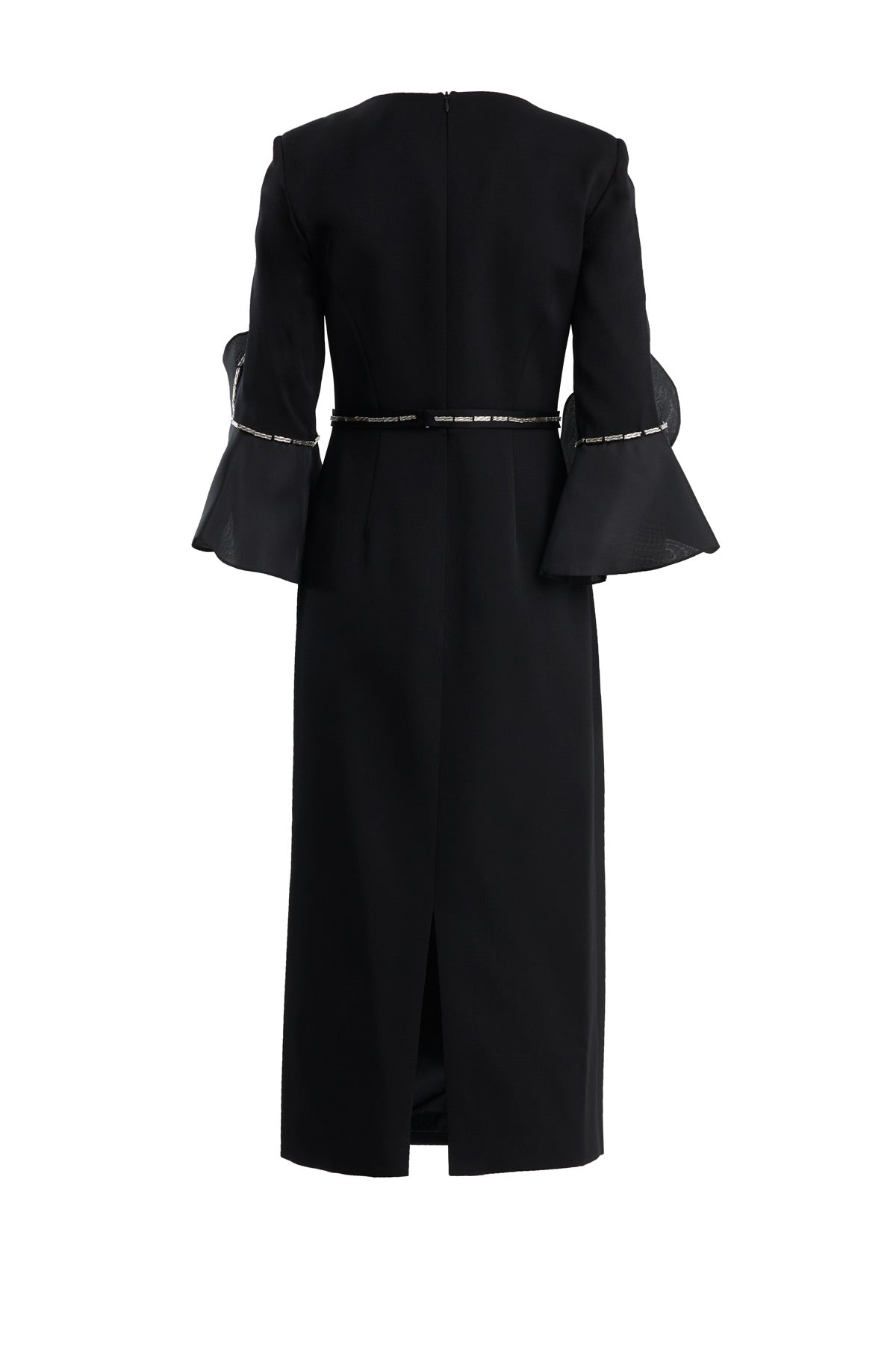 Black Shoulder-Pad Embroidered Slit Dress
