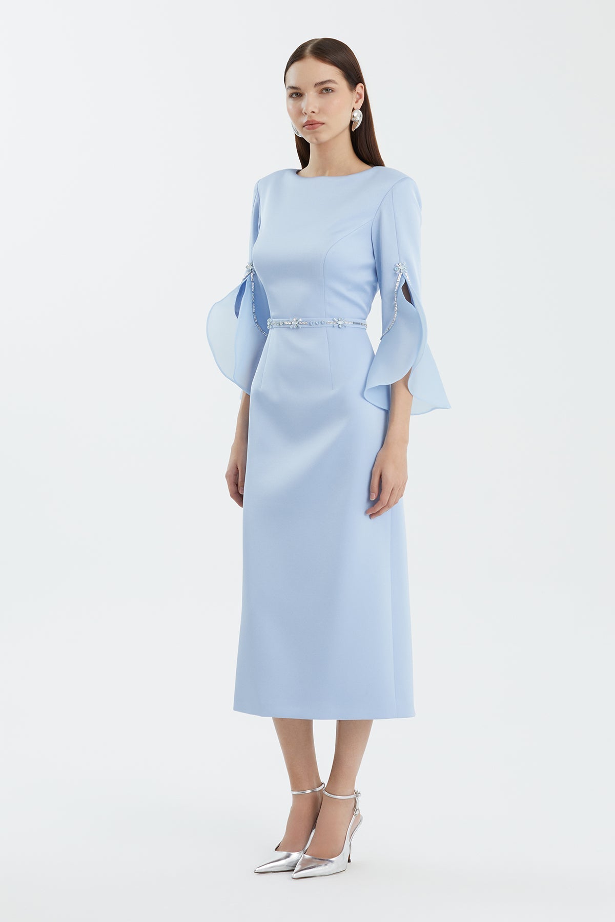 Blue Shoulder-Pad Embroidered Slit Dress