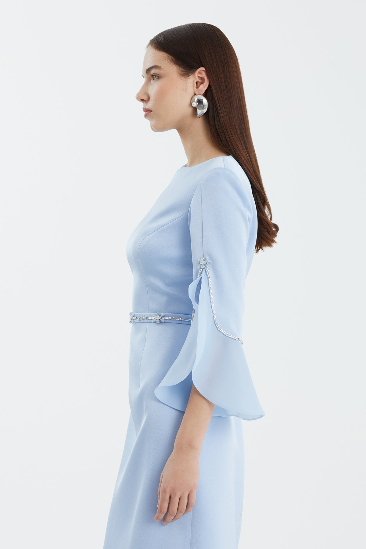Blue Shoulder-Pad Embroidered Slit Dress