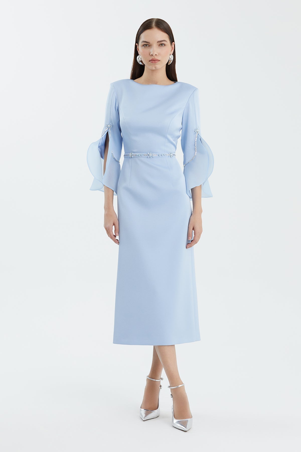 Blue Shoulder-Pad Embroidered Slit Dress