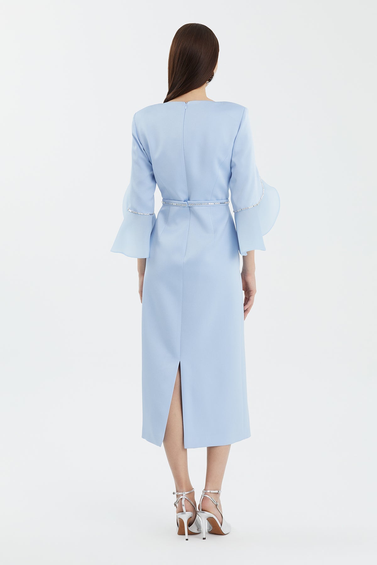 Blue Shoulder-Pad Embroidered Slit Dress