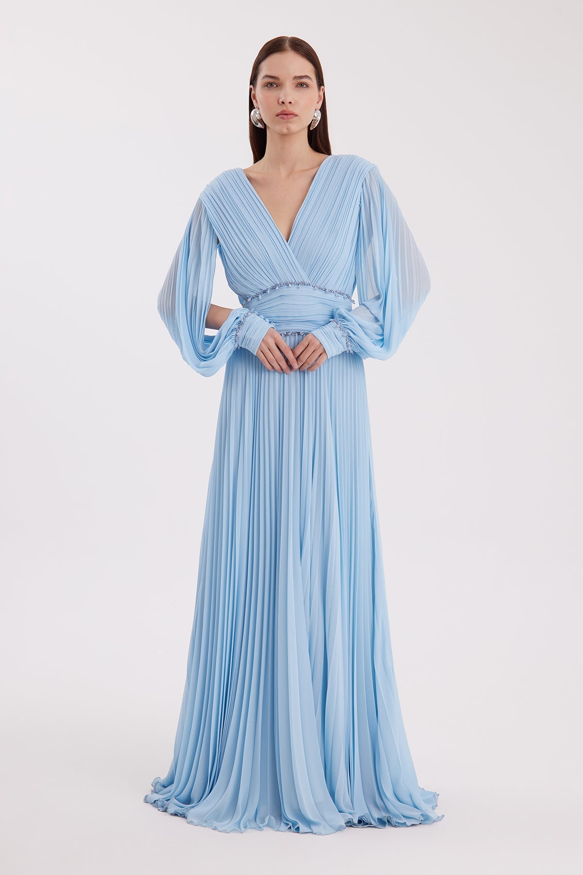 Blue Embroidered Pleated Dress