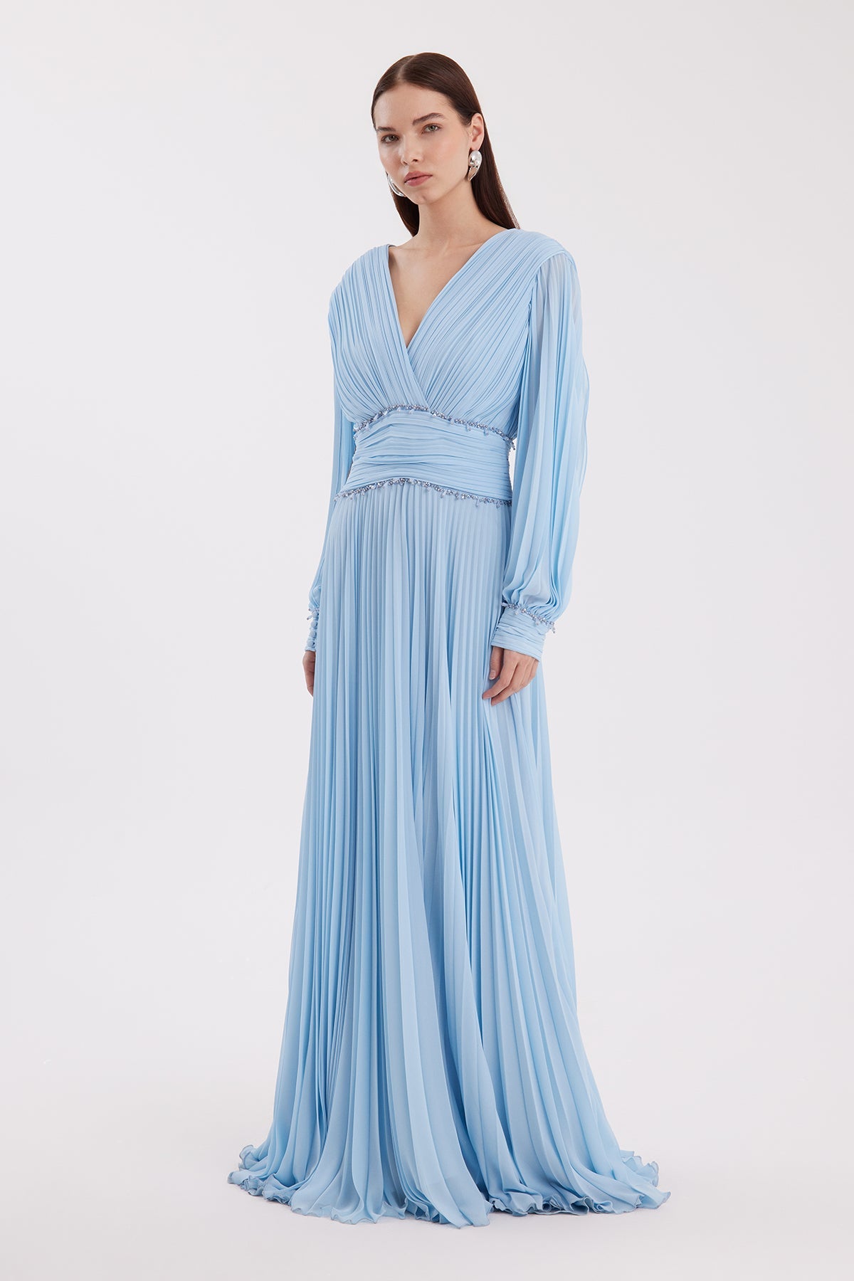Blue Embroidered Pleated Dress
