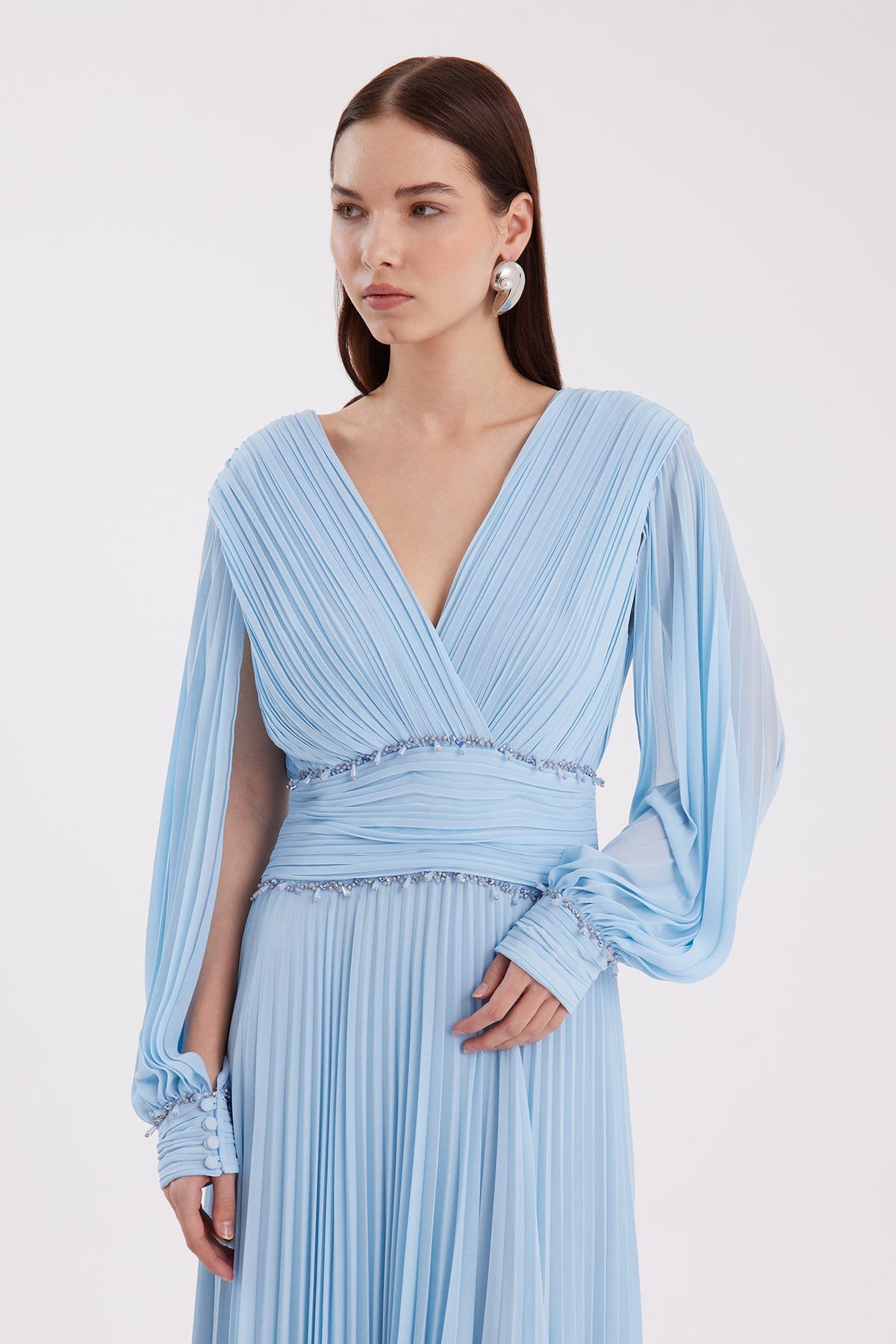 Blue Embroidered Pleated Dress