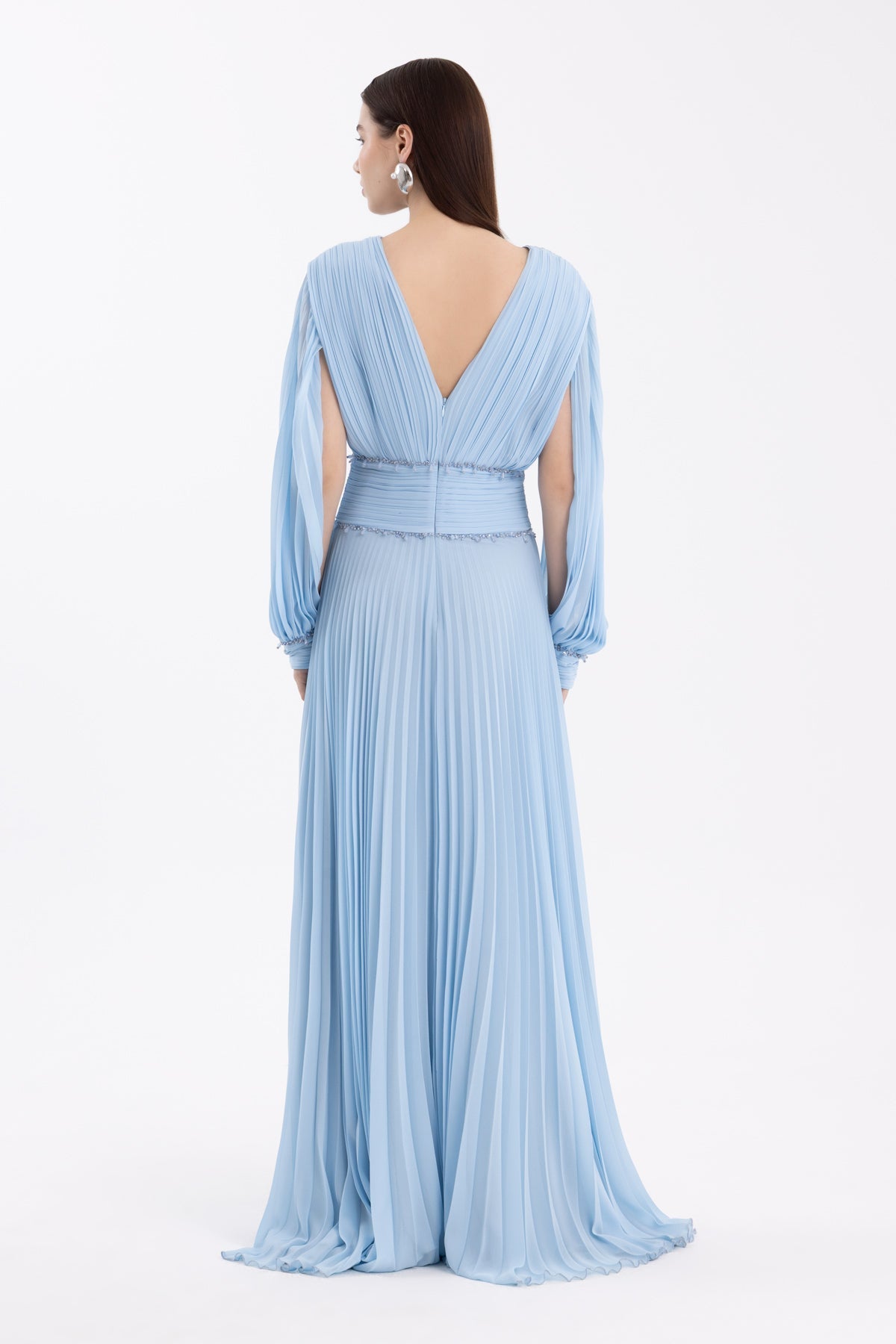 Blue Embroidered Pleated Dress