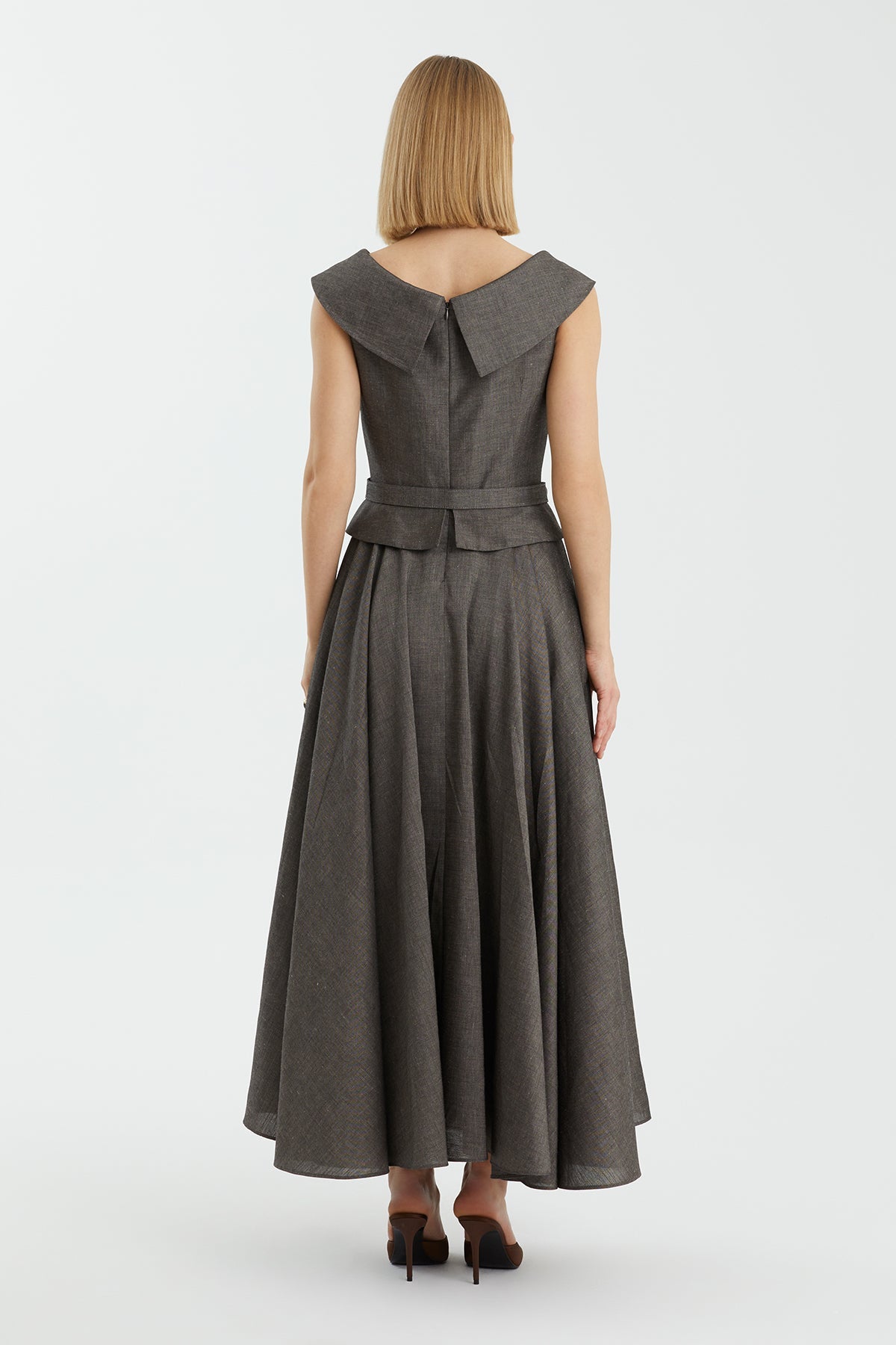Grey Belted Pleated Maxi Dress