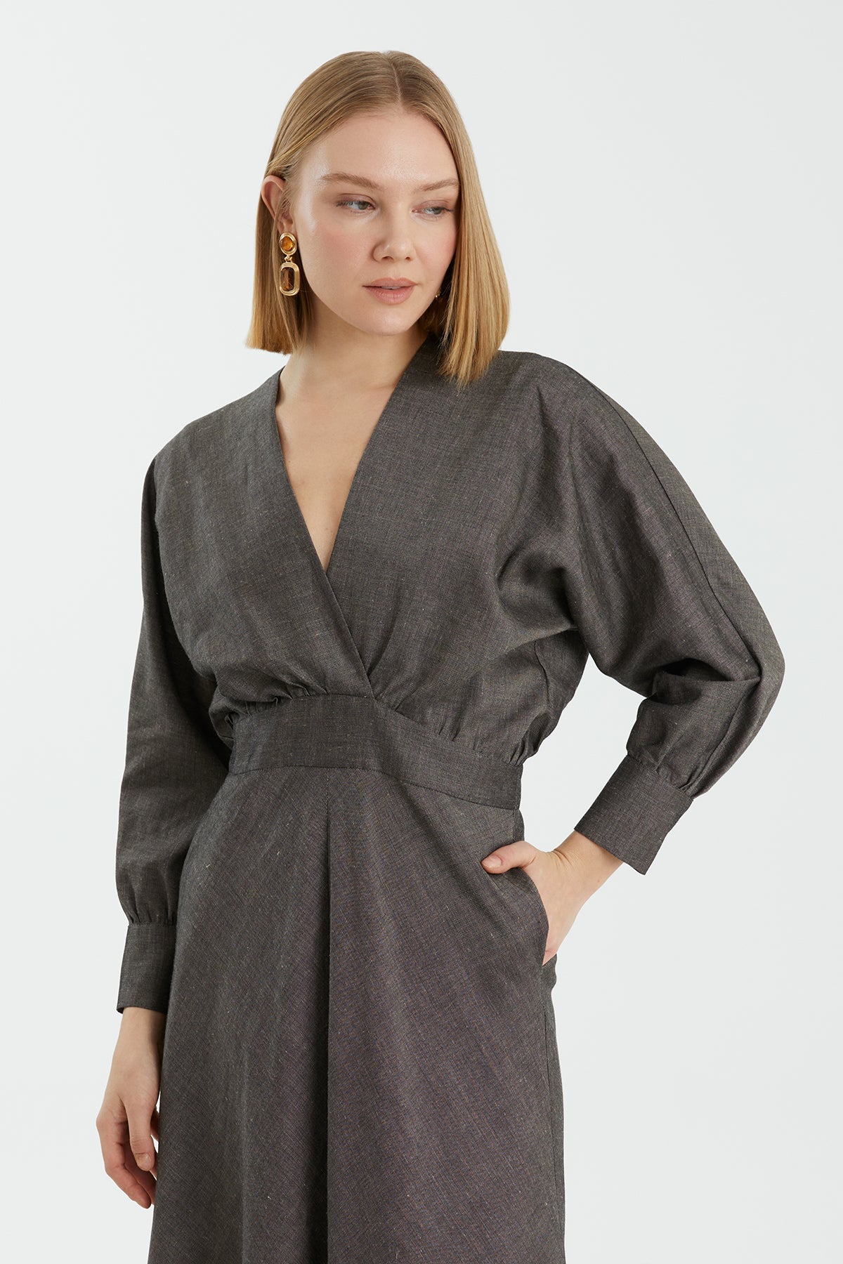Grey Long-Sleeve Ankle-Length Dress