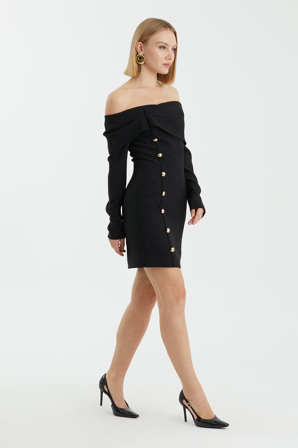 Black Strapless Mini Dress with Metal Button Details
