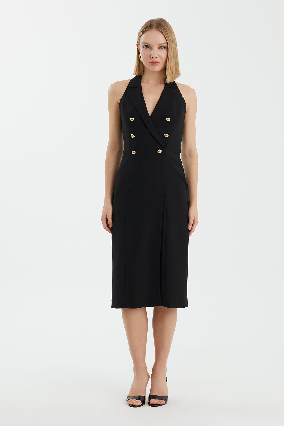 Black Deep V-Neck Buttoned Mini Dress