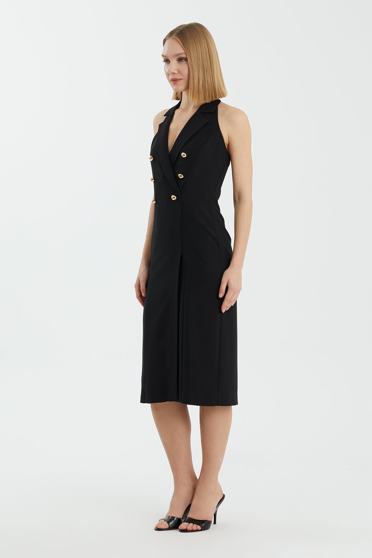 Black Deep V-Neck Buttoned Mini Dress
