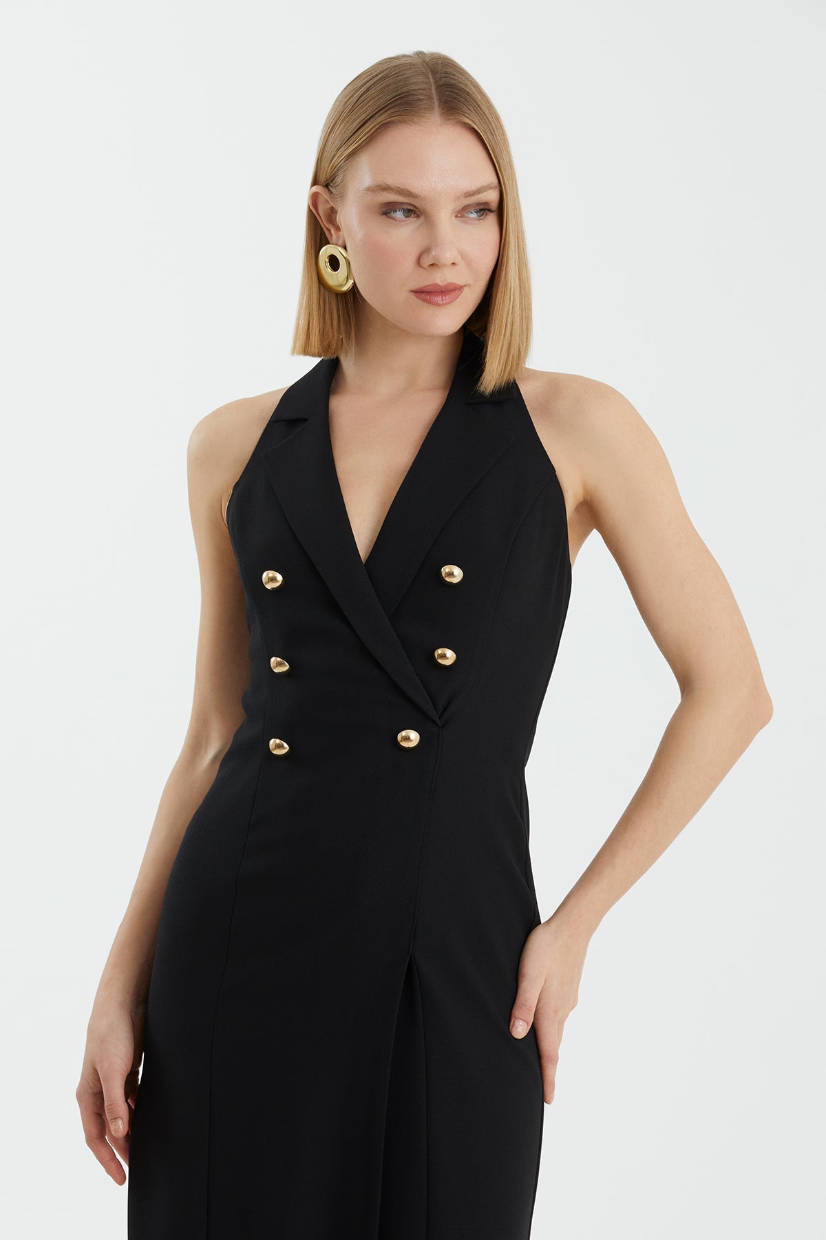 Black Deep V-Neck Buttoned Mini Dress