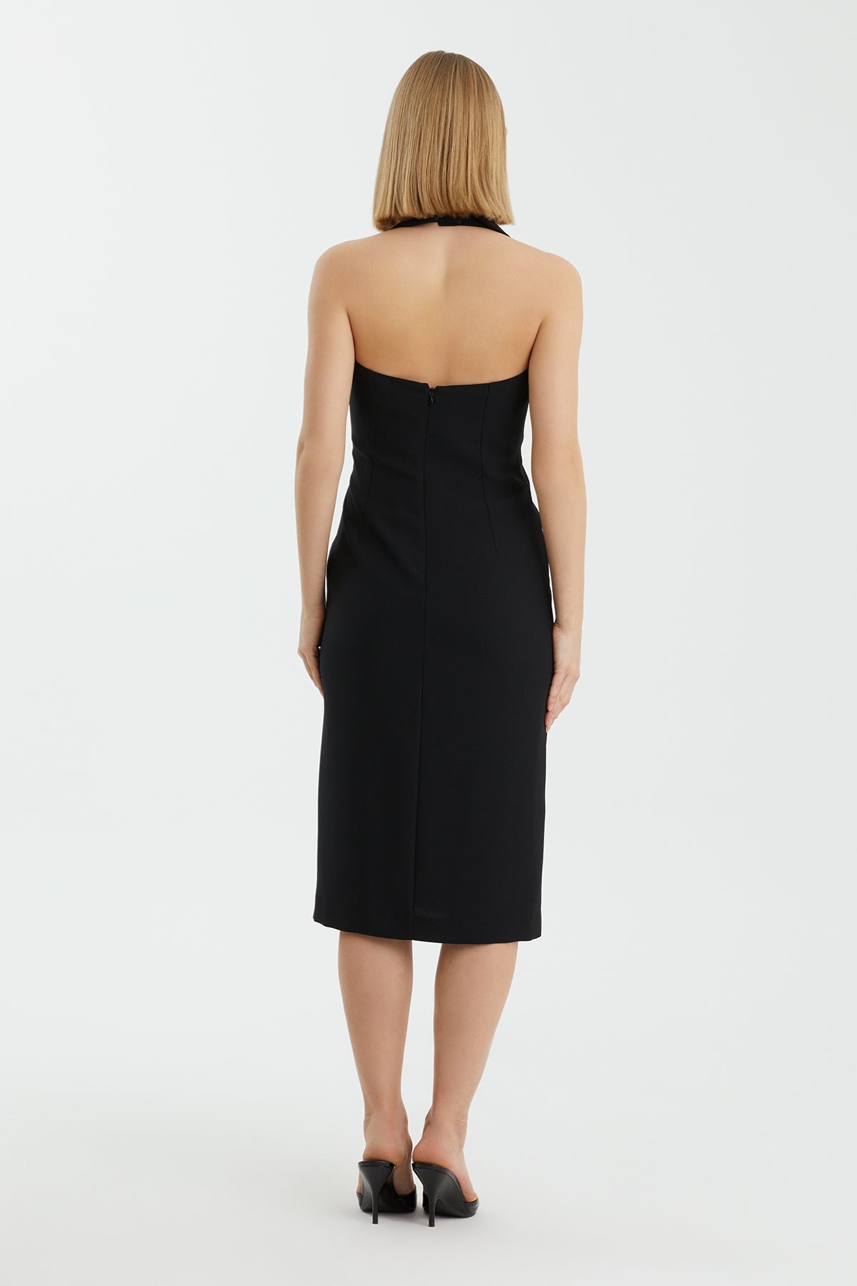 Black Deep V-Neck Buttoned Mini Dress