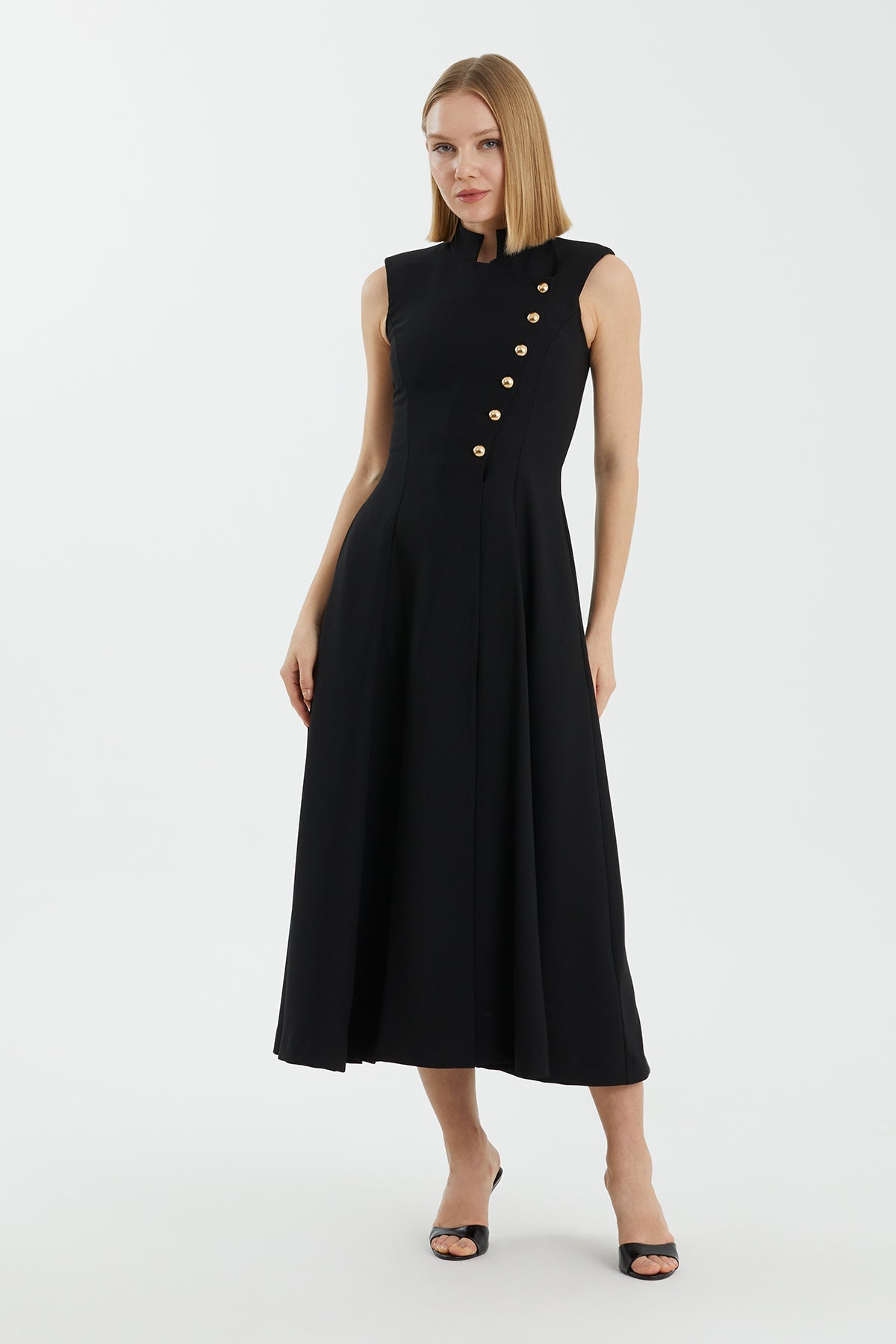 Black Asymmetric Buttoned Pleated Midi Dress
