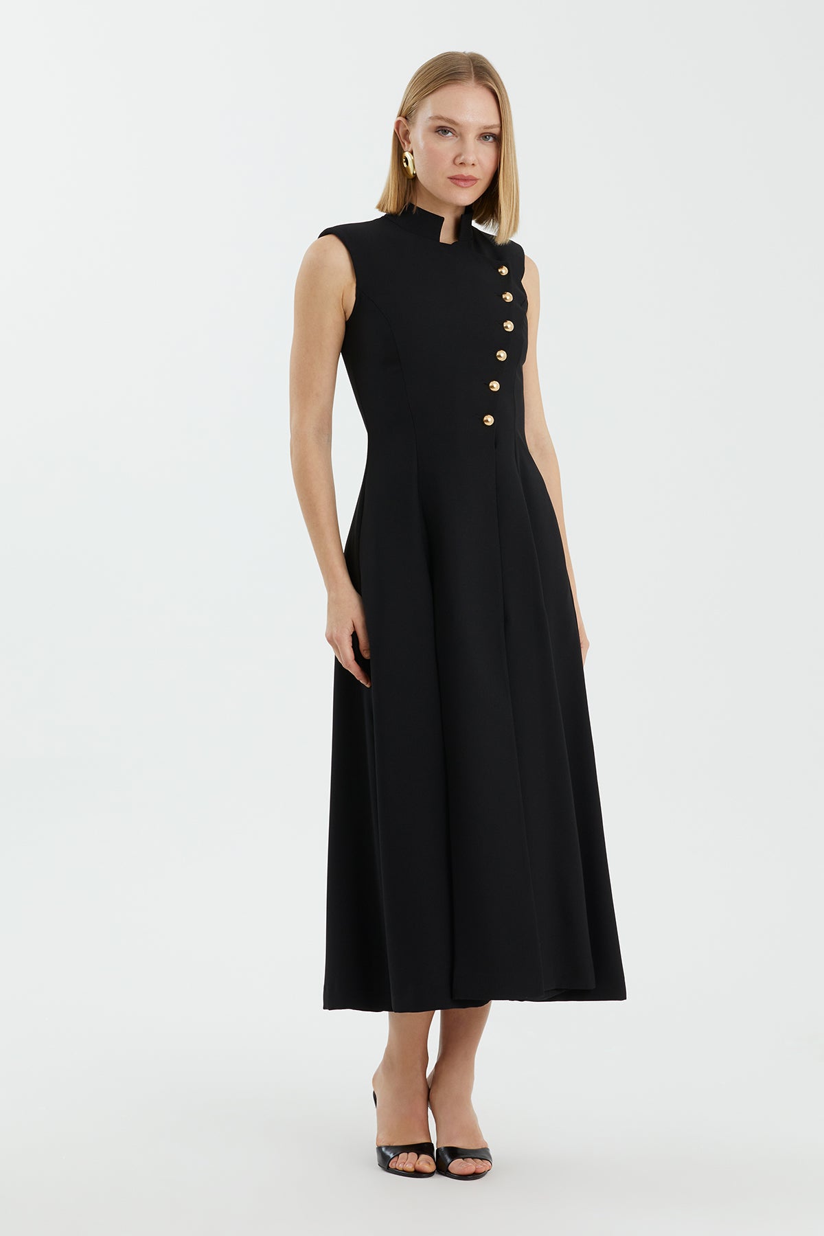 Black Asymmetric Buttoned Pleated Midi Dress