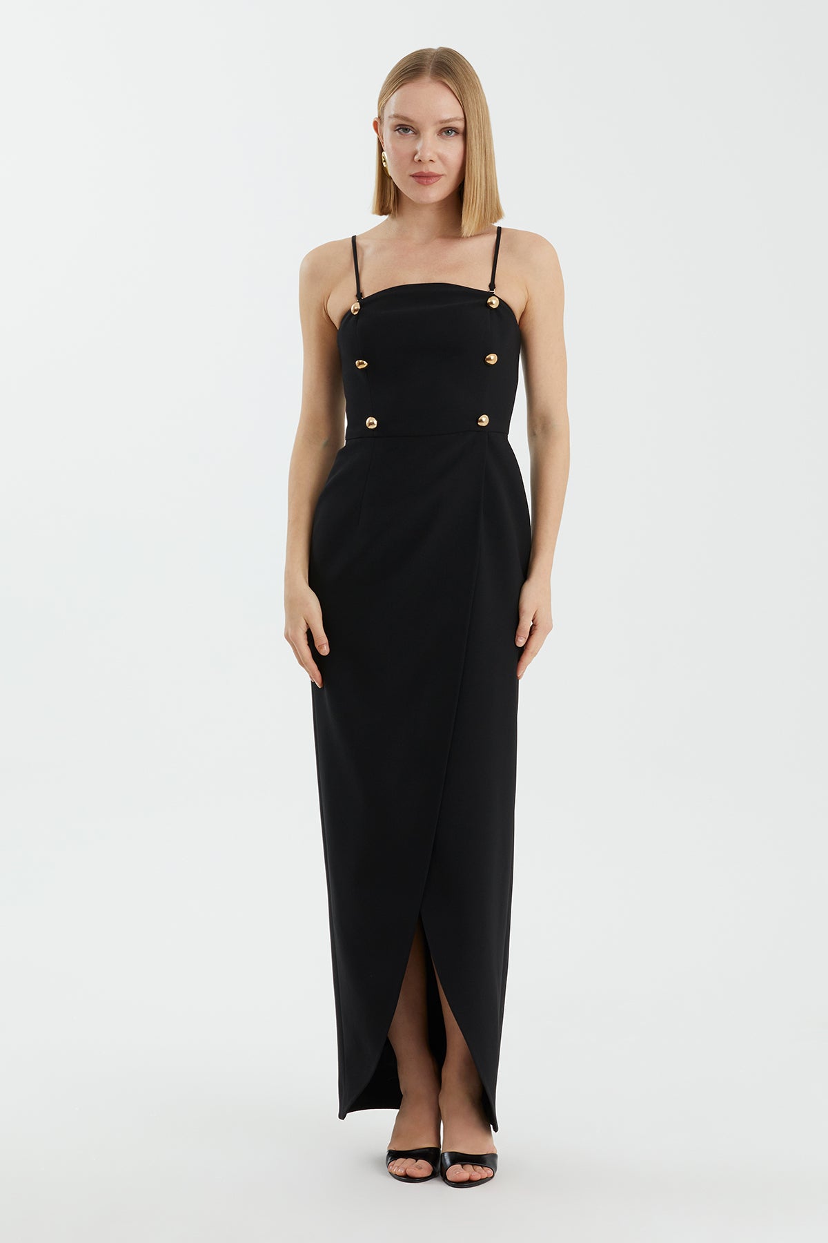 Black Gold Button Strap Long Dress