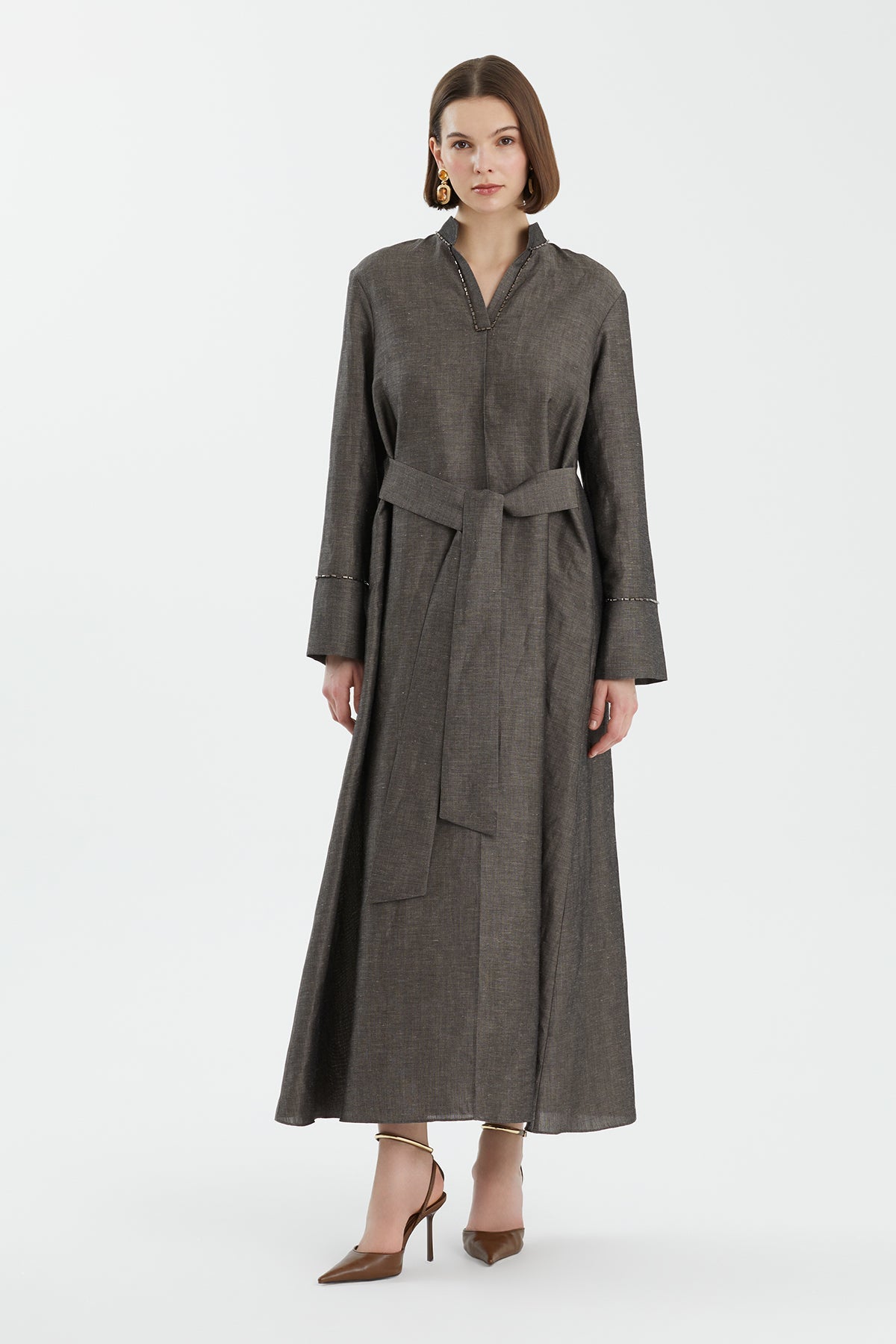 Grey Embroidered Linen Dress