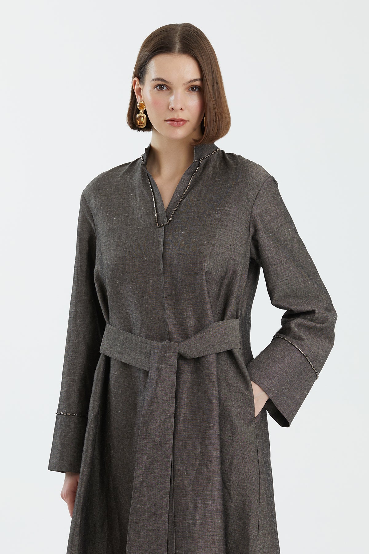 Grey Embroidered Linen Dress