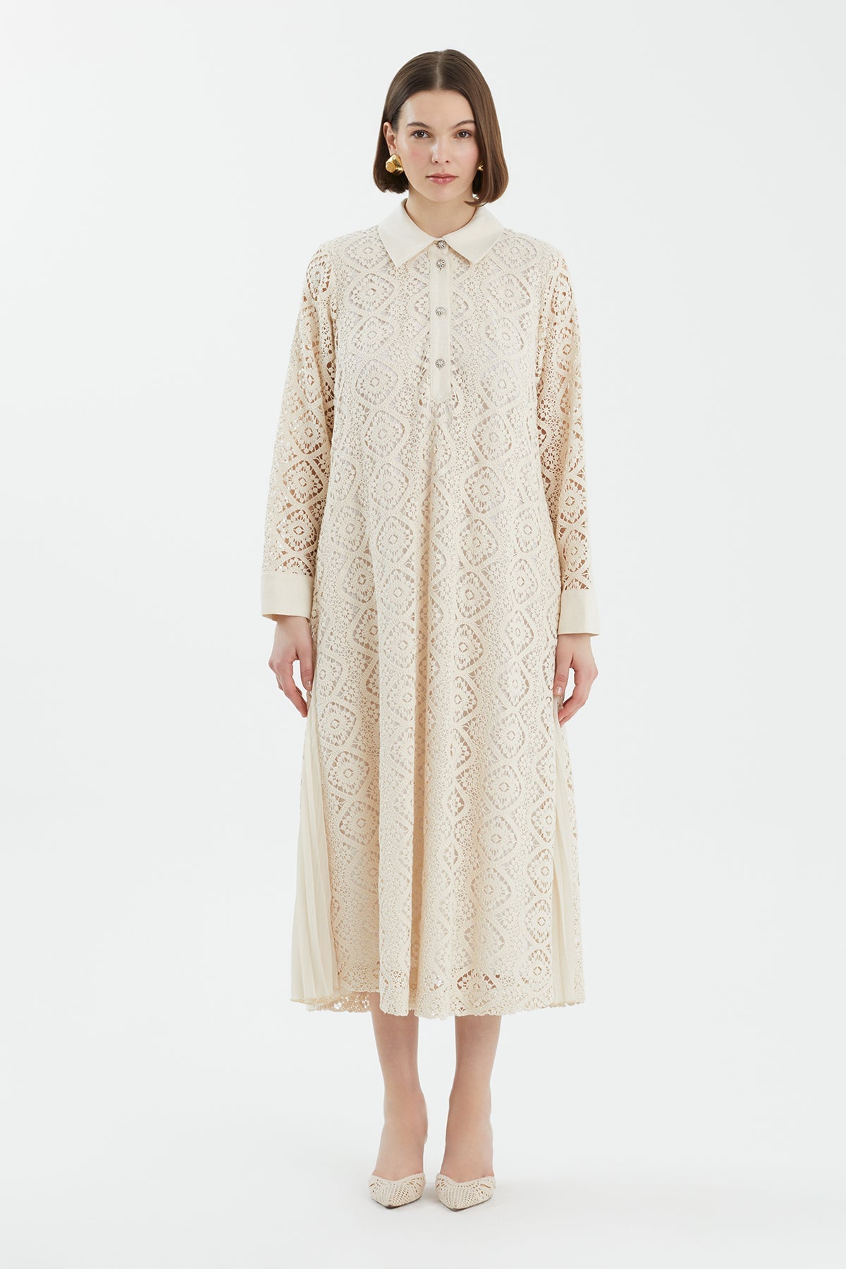 Ecru Crystal Button Lace Dress
