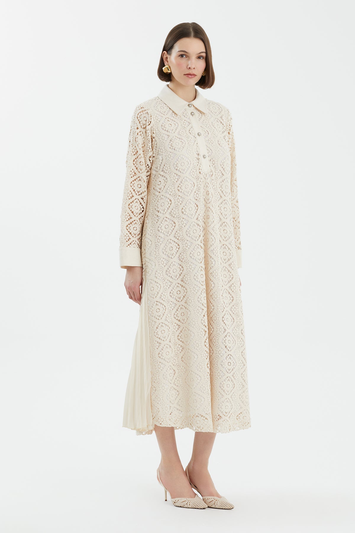 Ecru Crystal Button Lace Dress