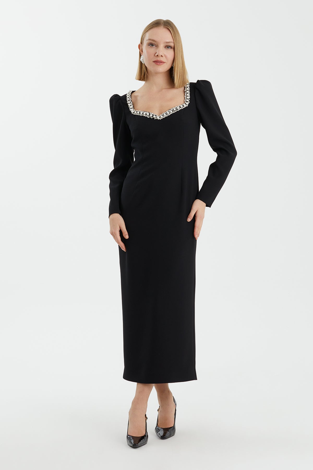 Black Heart-Neck Embellished Dress