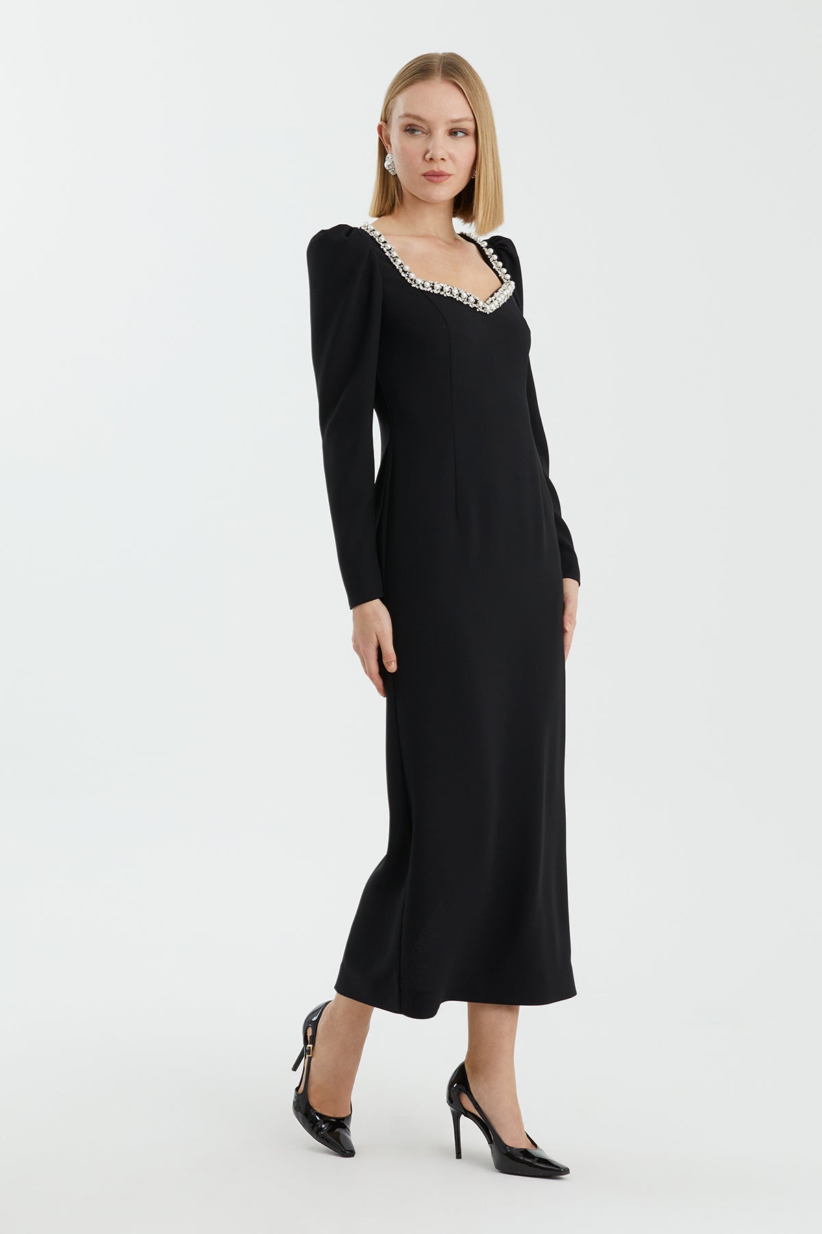 Black Heart-Neck Embellished Dress