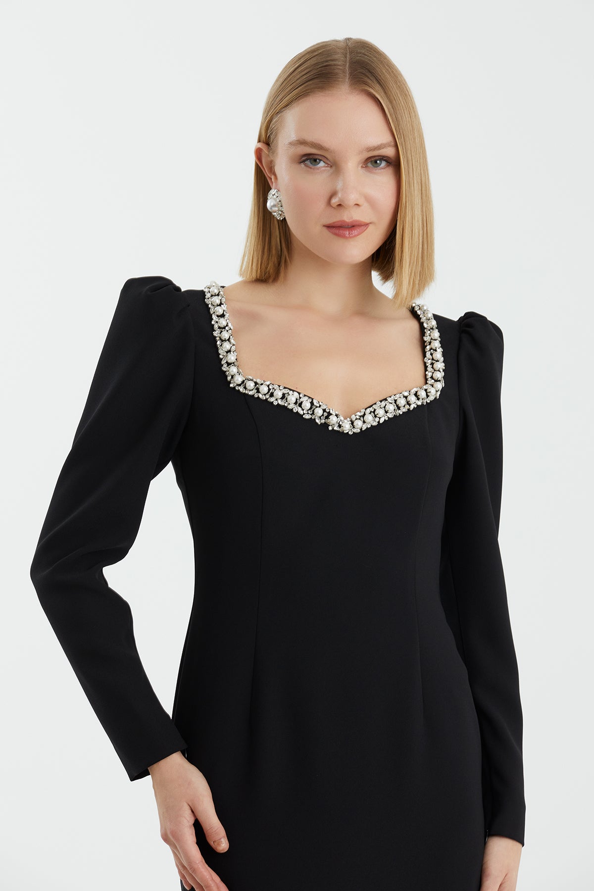 Black Heart-Neck Embellished Dress