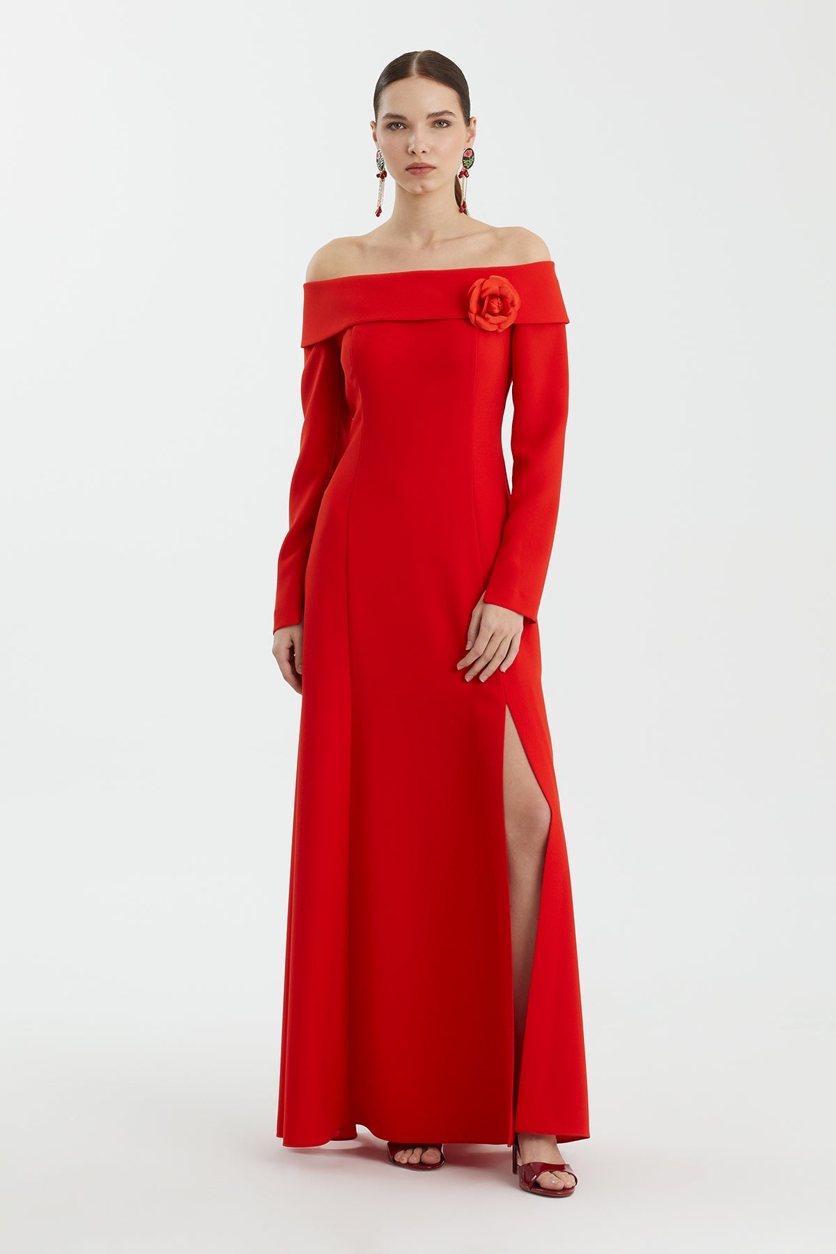 Red Long-Sleeve Strapless Dress