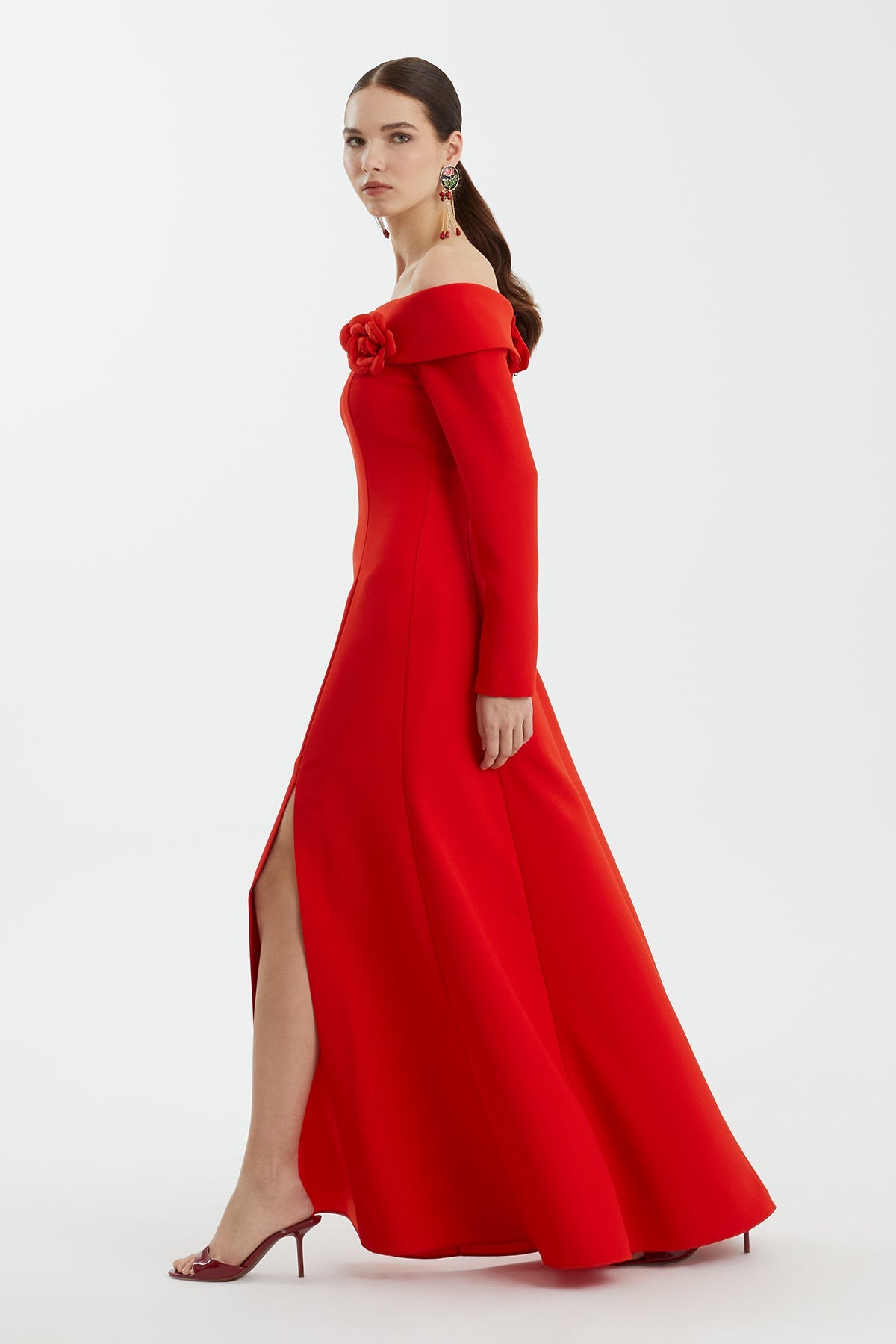 Red Long-Sleeve Strapless Dress