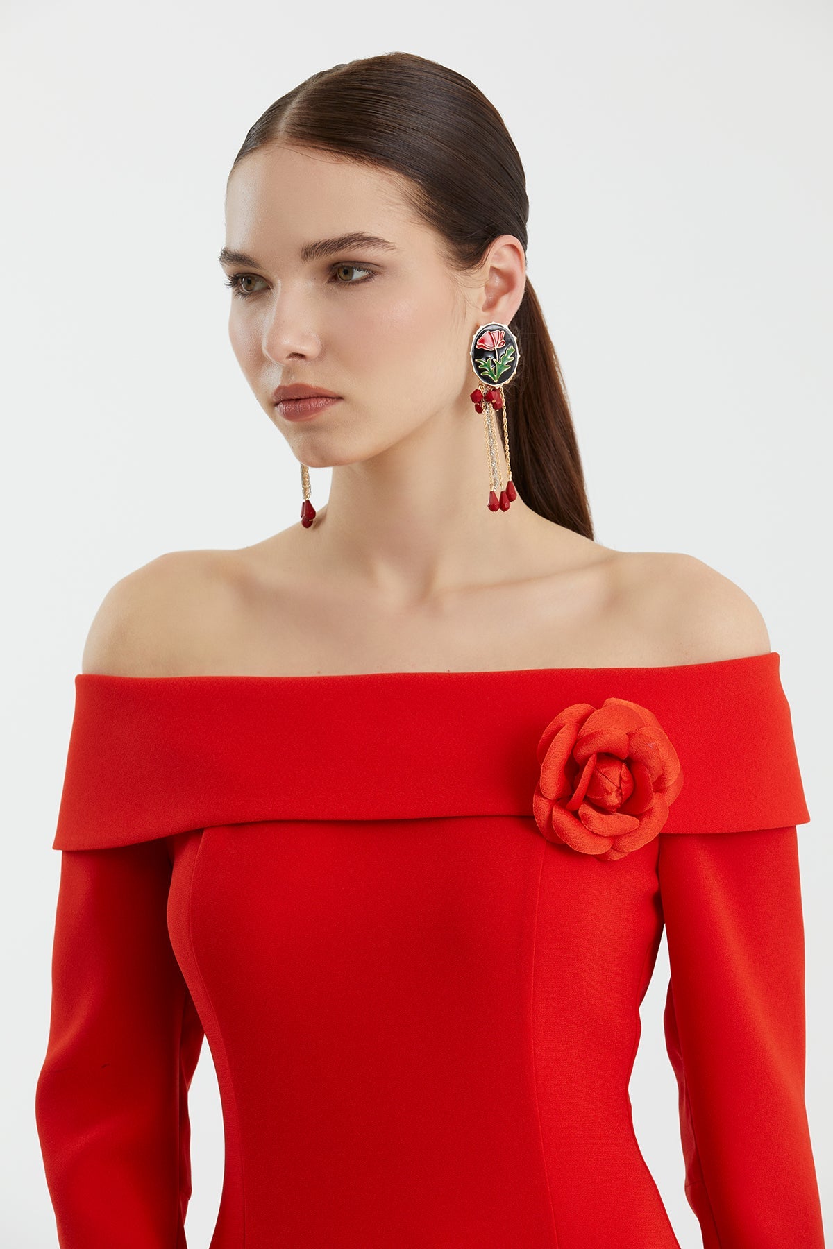 Red Long-Sleeve Strapless Dress