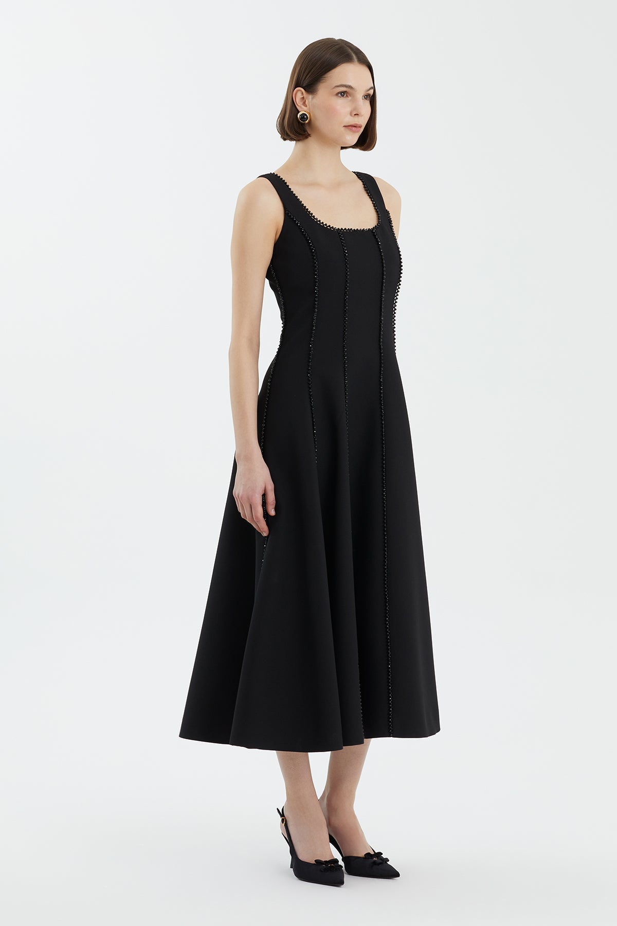 Black Embroidered Trim Flared Dress