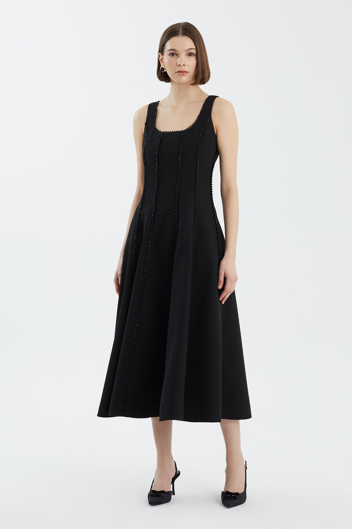 Black Embroidered Trim Flared Dress