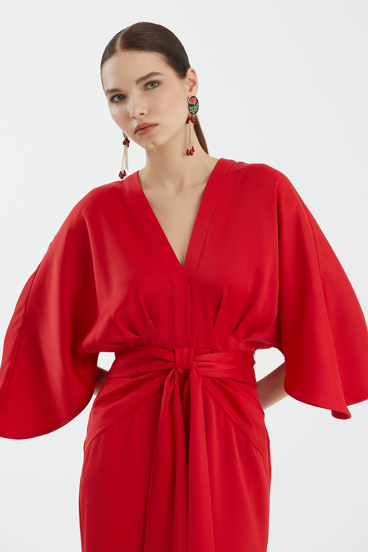 Draped Three-Quarter Sleeve Long Dress