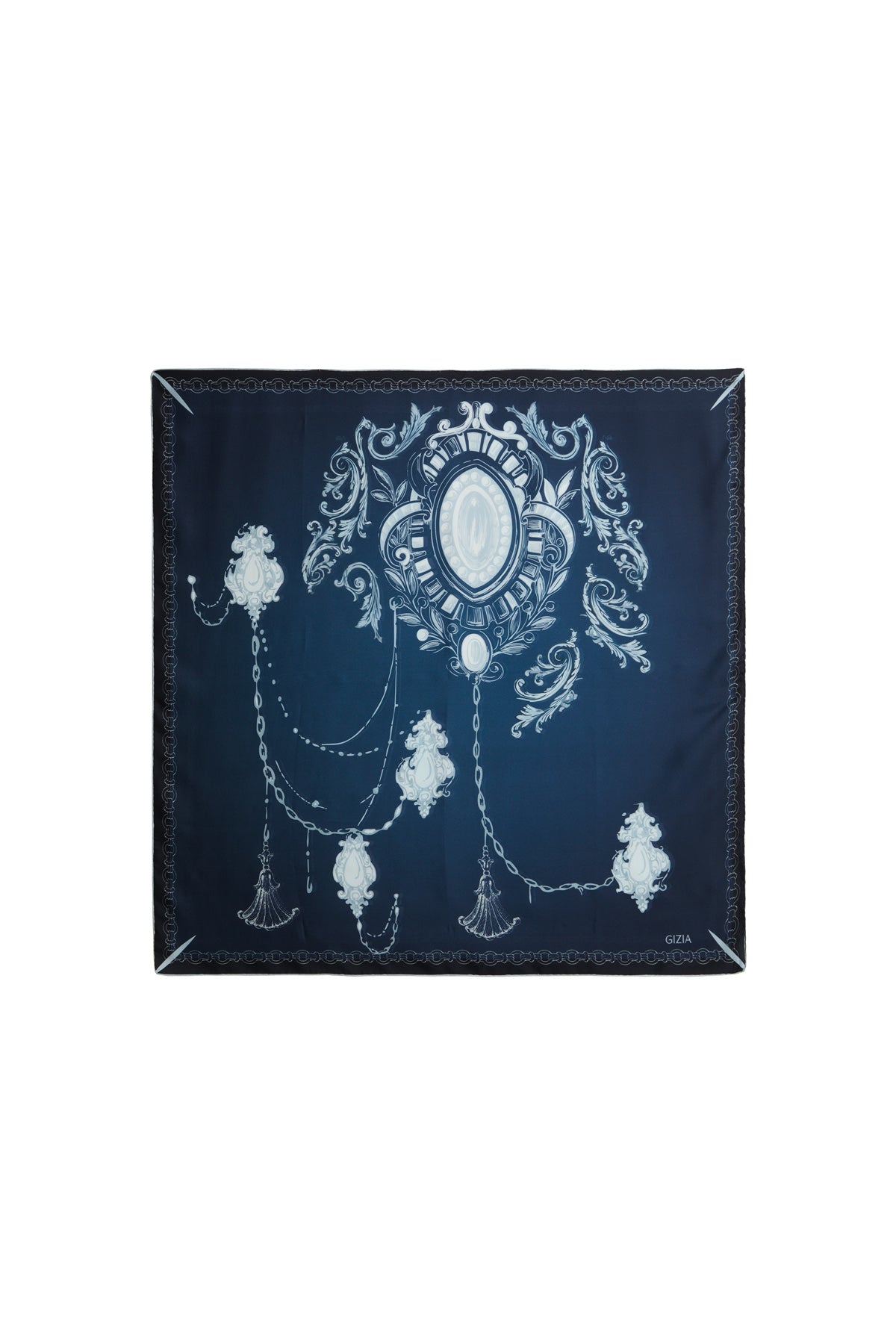 Dark Blue Baroque Print Silk Scarf