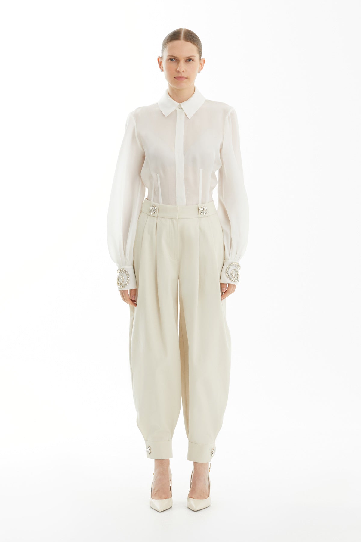 Beige High-Waist Double-Pleated Balloon Trousers