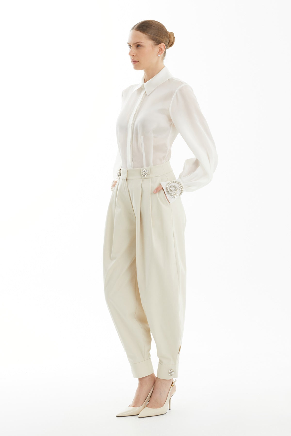 Beige High-Waist Double-Pleated Balloon Trousers