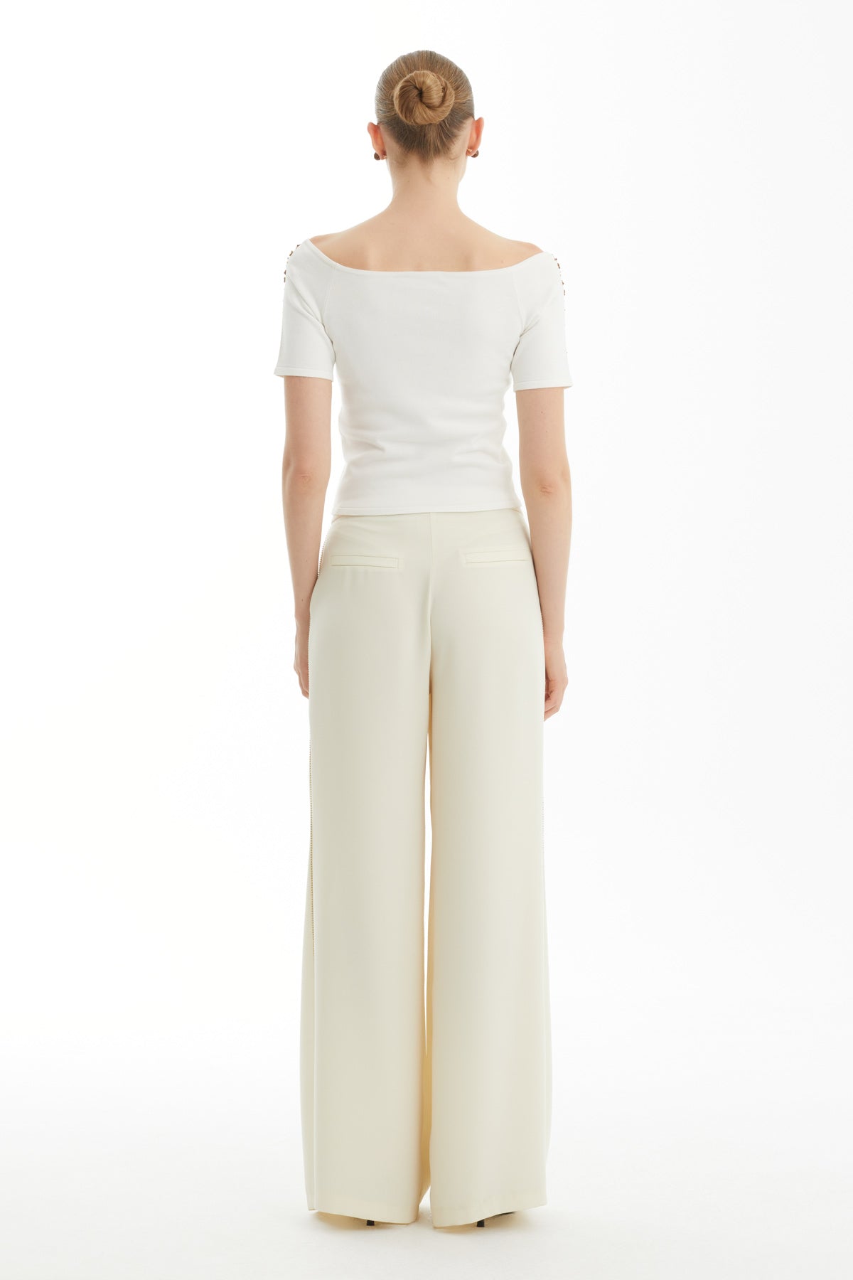 Beige High-Waist Embroidered Wide-Leg Trousers