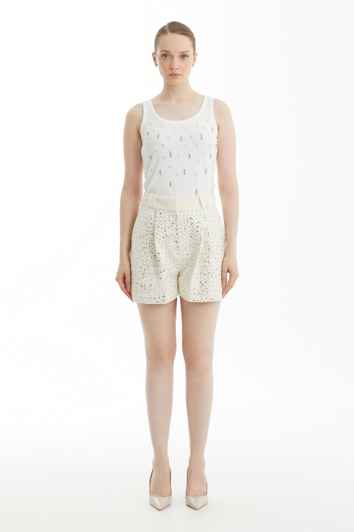 Grey Sequined High-Waist Shorts