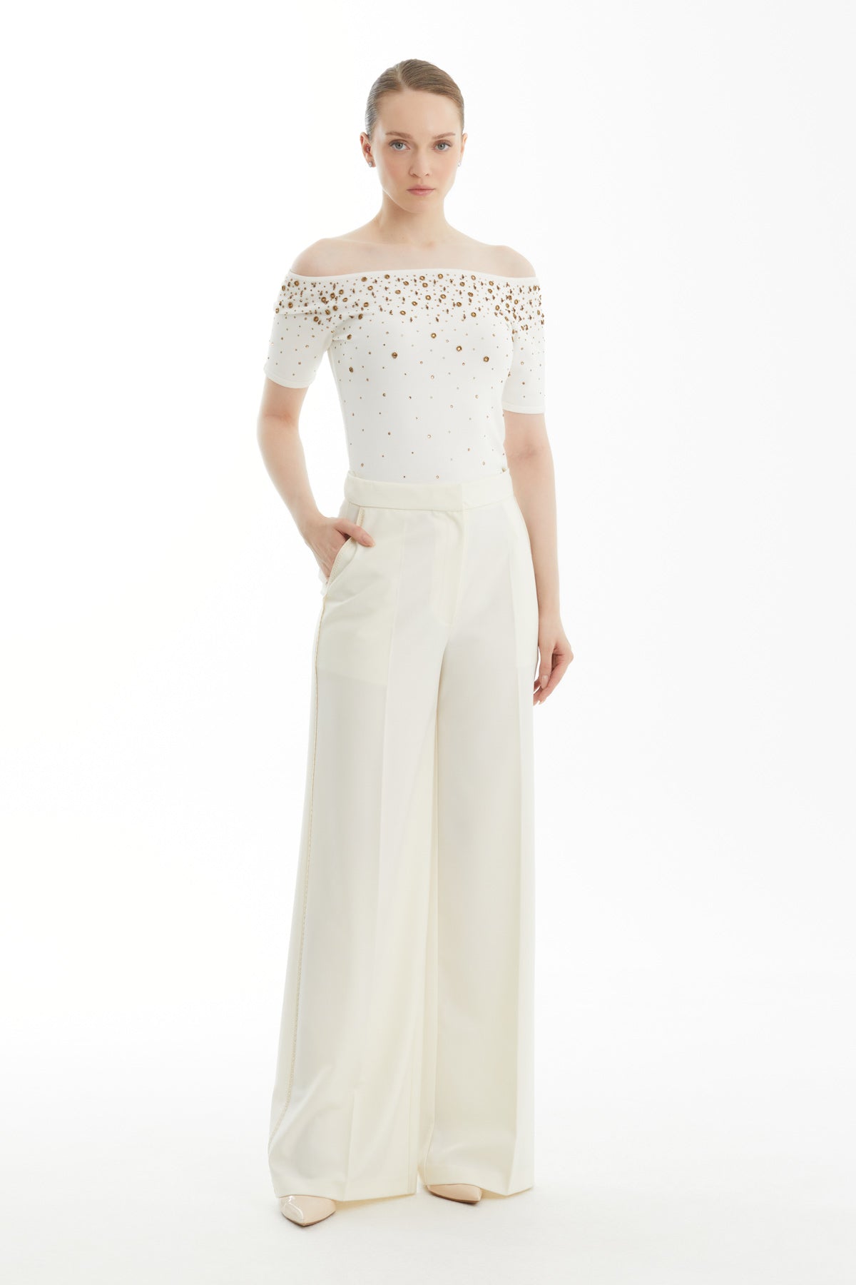Ecru Relaxed Lace-Trim Trousers