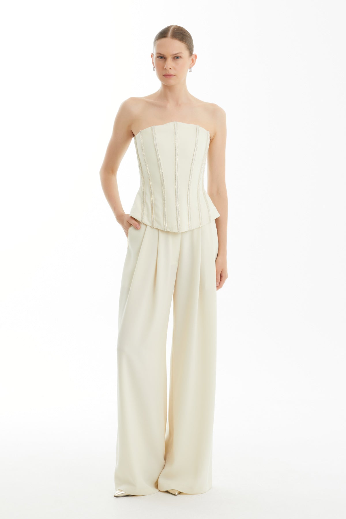Beige Embellished Trim Strapless Top