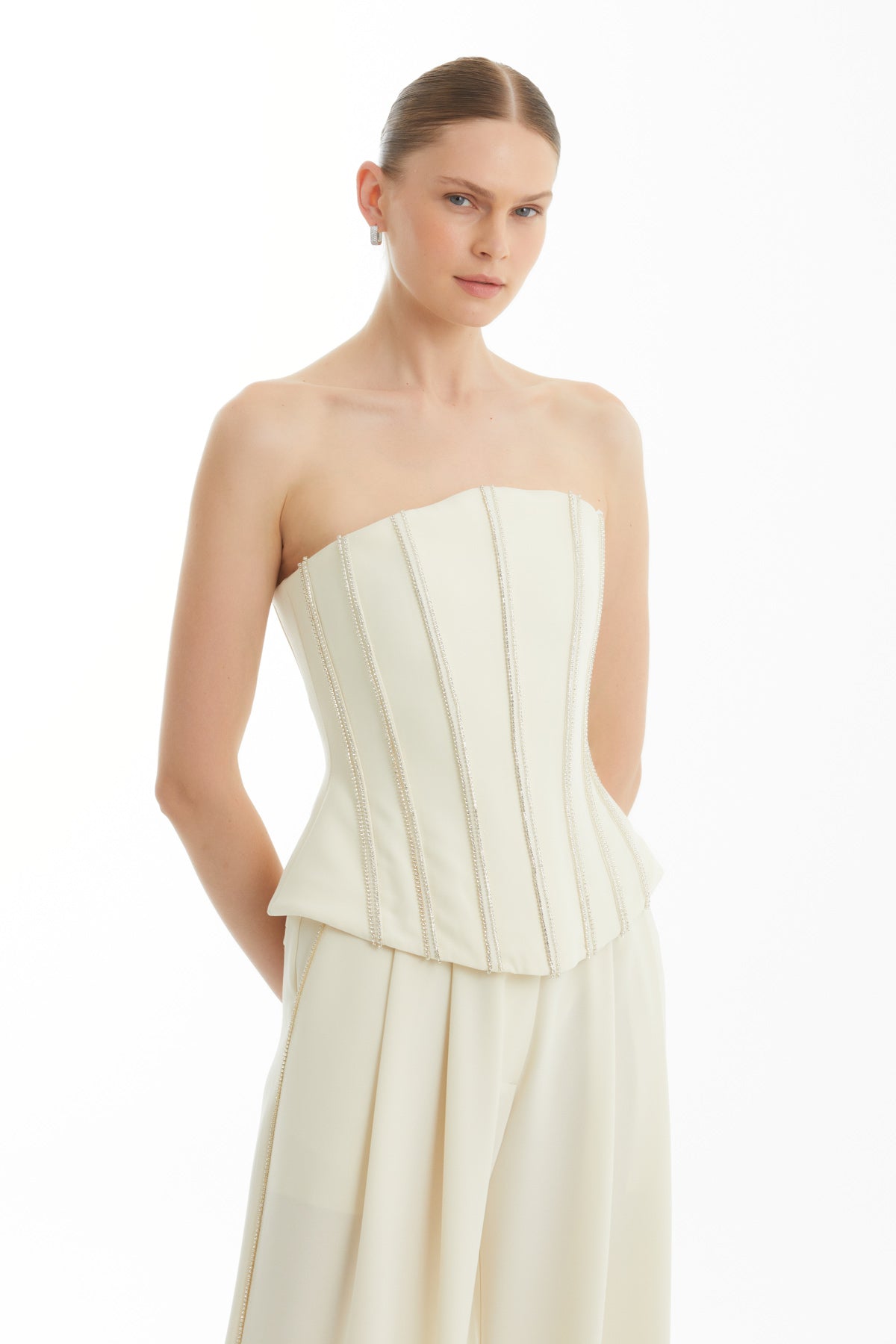 Beige Embellished Trim Strapless Top