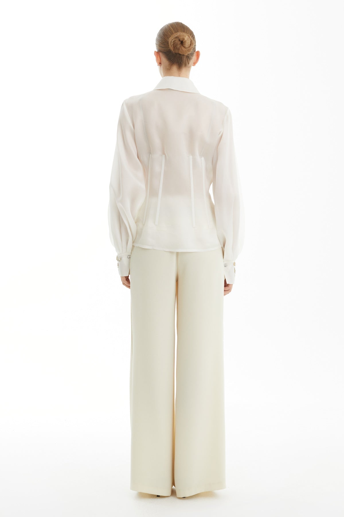 Ecru Embellished Long-Sleeve Silk Blouse