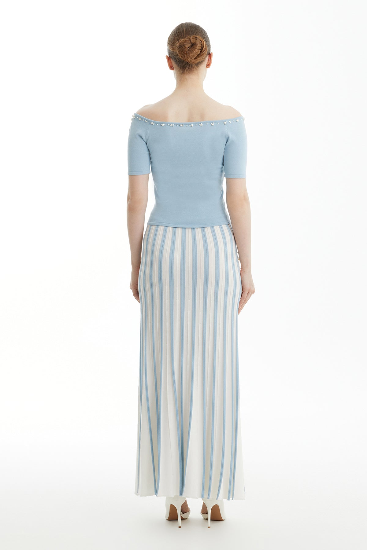 Blue Boat-Neck Short-Sleeve Blouse